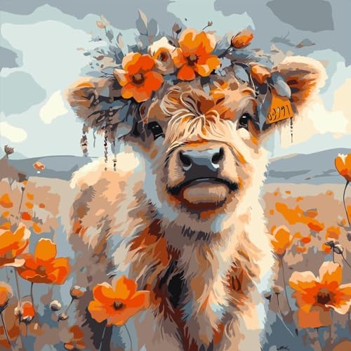 AALBLAC Cow Paint by Numbers for Adults - Highland Cow Flower Paint by Numbers for Adults Beginners, Acrylic Simple Paint by Number Canvas for Gift Home Decoration (16x16 Inch)