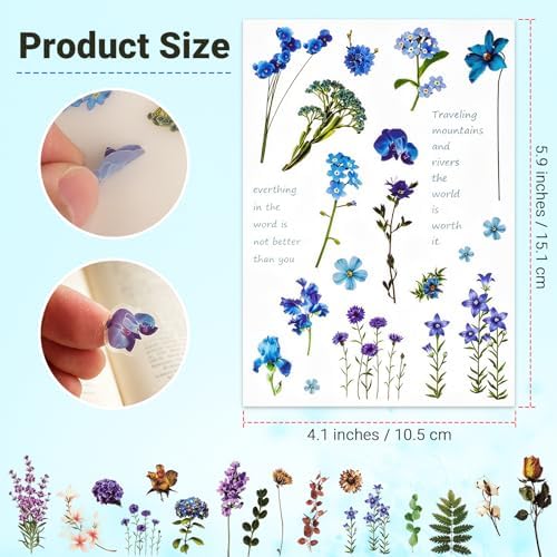 Habett 160+ PCS Natural Flower Stickers for Scrapbooking, Transparent