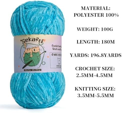 Fuzzy Chenille Yarn for Crocheting, Fluffy Amigurumi Crochet Yarn for DIY Craft/Hat/Shoes, (100g/197yds) Soft Velvet Baby Blanket Yarns（Blue）