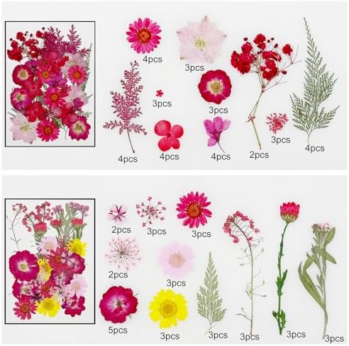 Cayway 170 PCS Dried Pressed Flower, Pressed Flowers and Leaves for Resin, Real Nature Pressing Floral Leaves for DIY Craft, Jewelry Making, Candle Scrapbooking Supplies, Red