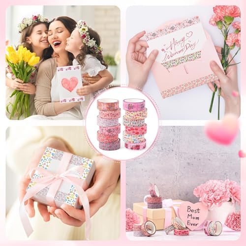 Mother's Day Washi Tape - 12 Rolls Daisy Floral Bouquet Vintage Truck Love Mom Message Designs Acid Free Repositionable Adhesive for Scrapbook Gift Wrapping Card Making Journal Supplies