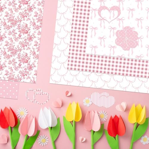 24 Sheets Preppy Pink Bow Scrapbook Paper, Coquette Bow Ribbon and Floral Decorative Craft Paper Folded Flat for Birthday Wedding Baby Shower Card Making Photo Album Decor, 12'' x 12''