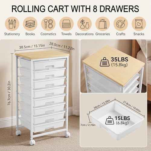 Rolling Cart with 8 Drawers, Rolling Storage Cart with Wooden Tabletop and Lockable Wheels, Craft Storage Cart for Living Room, Office, Classroom, Craft Room, Bedroom, Craft Organization and Storage