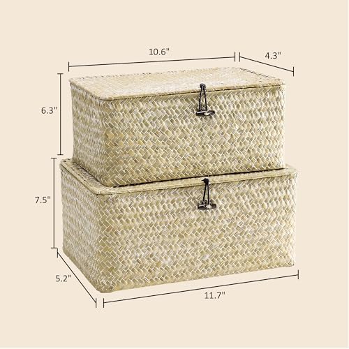 Nonam Wicker Storage Basket with Lid, Seagrass Shelf Basket Set of 2, White