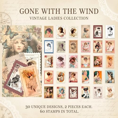 60pcs Vintage Postage Stamp Stickers, Aesthetic Classical Beauty Deco Paper Sticker for Scrapbooking, Journaling Supplies, Planners, Kid DIY Art Crafts