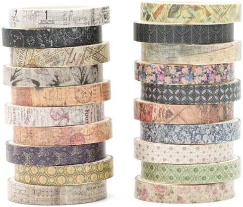 20 Rolls Skinny Vintage Washi Tape Set Retro Arts Adhesive Tapes Basic Patterns Decorative Masking Tape Sets for Craft, Kids, Scrapbook, DIY, Gift Wrapping (Remaining Joy)