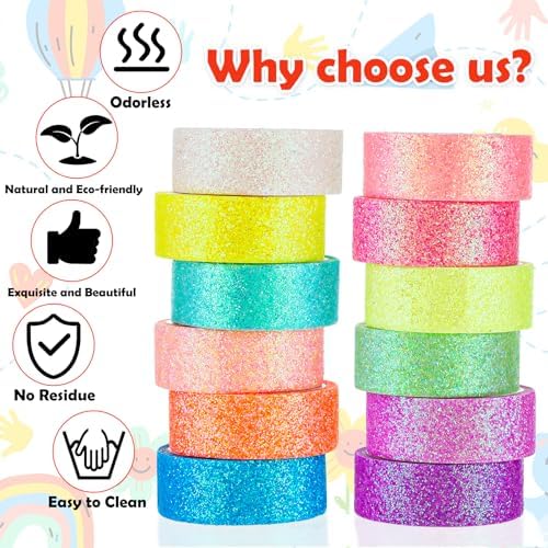 TIESOME 12 Rolls Glitter Washi Tape Set, 15mm Macaron Cute Colored Masking Tape, Decorative Masking Tapes for DIY, Scrapbook, Journal, Gift Wrapping, Crafts