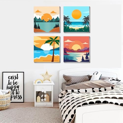 FQOVKYN 4 Framed Landscape DIY Paint by Numbers Kit for Adults Beginner, Sunset Easy Painting by Number with Frame, Acrylic Paint Kit Arts and Crafts for Adults for Decor 8x8inch