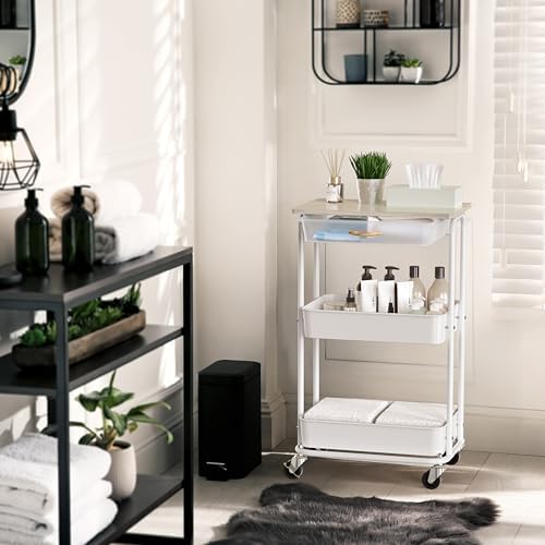 Simple Houseware 3-Tier Rolling Utility Cart with Drawer & Wood Top, Maple