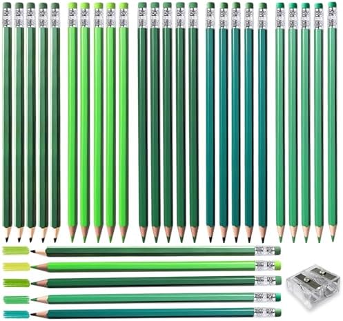 Adhere 25pcs Checking Pencils Erasable colored Pencils Pre-Sharpened #2 HB,for Checking Tests Grading,Map Coloring, editing Office Favors,including a Free sharpener. (Mixed Green)