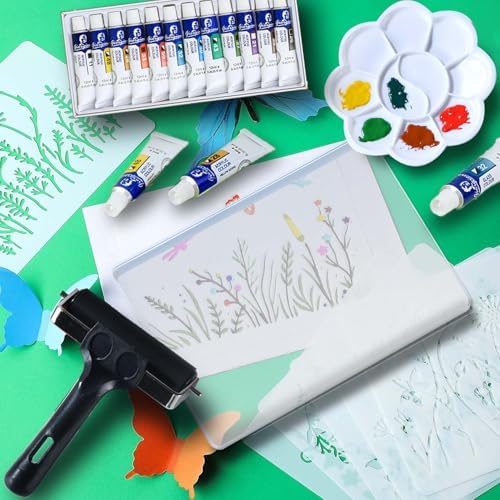 8" X 10" Gel Plate with 3inch Small Pack Round Triangel Square Gel Print Plate, Reusable Gel Printing Plate Set with Acrylic Paint,Paper, Stencil,Storage Box,Roller and Baren for Art Card Making