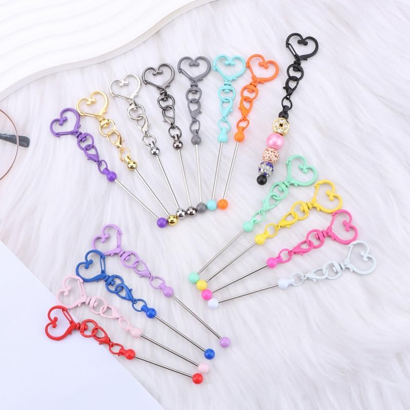 Beadable Keychain Colorful Heart/Triangle Shaped Blank Bar with Snap Hook for DIY Craft Making Kit