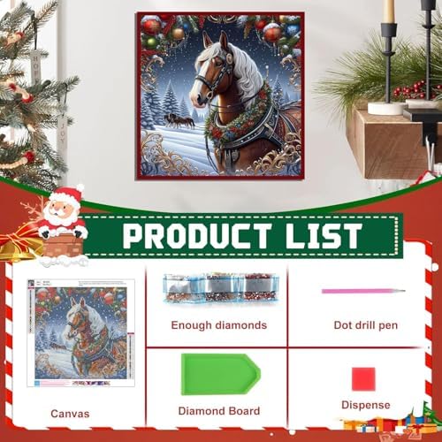 WNPOKN Christmas Horse Diamond Art Kits for Adults 14 x 14inch