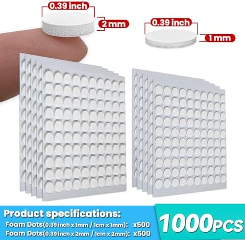 Tikfoam 1000Pcs Double Sided Adhesive Foam Dots, 2mm and 1mm Thick Tape for Craft, Card Making, Marked Candles, Scrapbook, Poster and DIY Projects