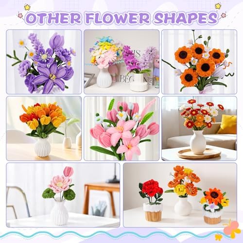 900PCS Pipe Cleaners Flower Kit, Pipe Cleaner Bulk Craft Flower Making Kit with Instruction, 8 Colors Thick Chenille Stems for Arts DIY Craft Supplies with Greeting Card, Floral Wires, Tape, Stamen