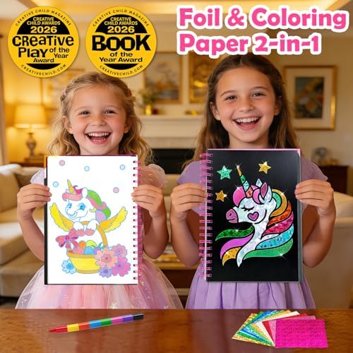 FUNNYB&G Foil Art Craft Kit for Kids, Sparkly Birthday Gift Toy for Girls | No Mess, Kids Ages 4-10 Create Sparkling Artwork, A Creative Gift for Birthdays, Holidays, Travel Activities,Screen-Free Fun