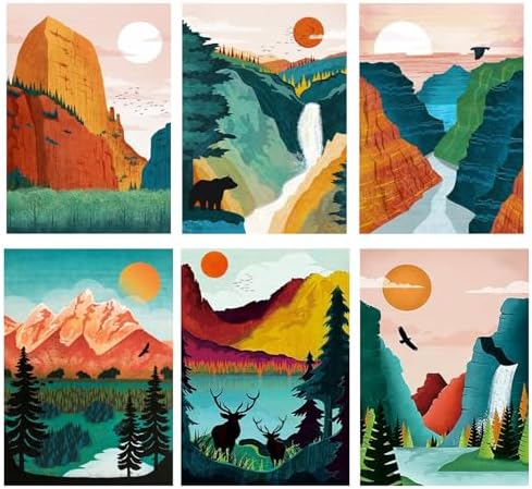 HOIYLDS 6 Packs Paint by Number for Adults Beginners, National Park Painting by Number Kits on Canvas Without Frame,Lanscape Craft Arts for Home Wall Decor