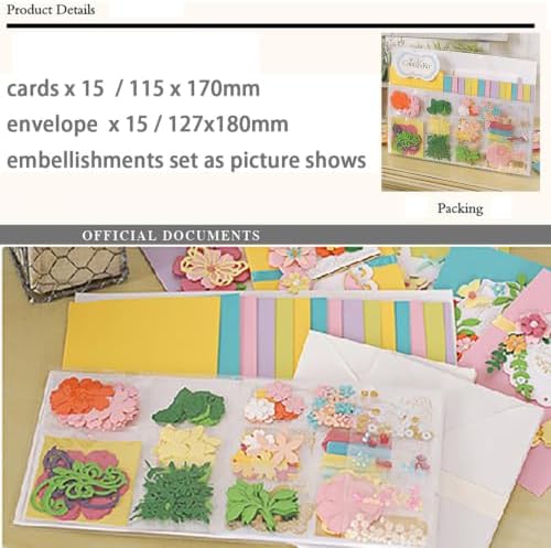 Huralona Handmade DIY Greeting Card Kits Includes 15 Blank Cards 15 Colorful Envelopes with Decoration Accessories for Craft Birthday Thanksgiving Christmas Wedding Invitation Card (Yellow 015)