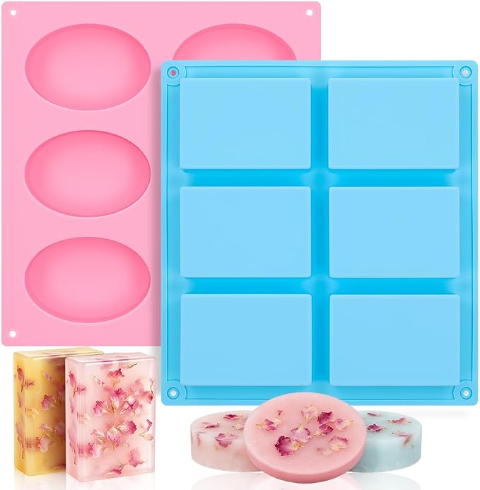 SJ Rectangle & Oval Soap Mold Set, 2-Pack 6-Cavity Silicone Soap Molds | For Soap Making, Wax Melts, Chocolate & Desserts, Food Grade Silicone, Easy Release, Reusable