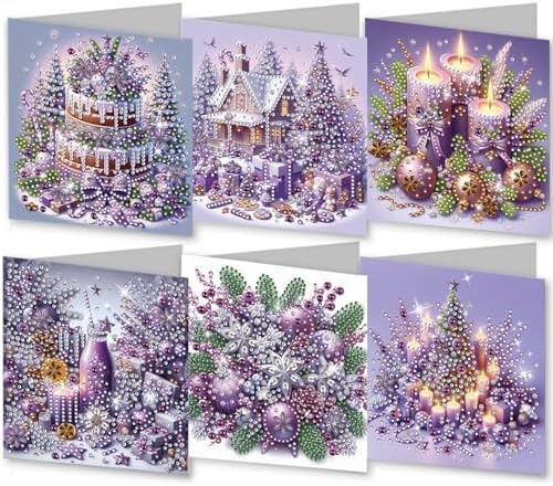 6Pcs Christmas Greeting Card DIY Diamond Art Painting Greeting Cards Blessing Folding Card Kit with White Envelopes Diamond Arts Crafts for Birthday Festival Gift-Purple