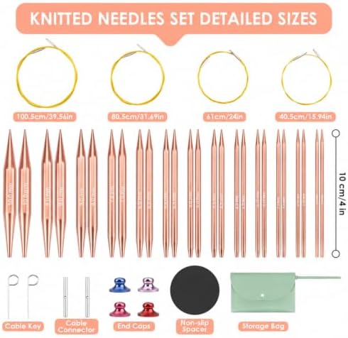 Interchangeable Circular Knitting Needles Set Premium Aluminum Knitting Kit 13 Pairs of 4 Inch with 4 Cables, Accessories and Storage Bag Rose Gold
