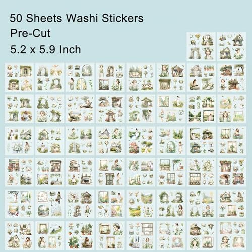 YagCu Garden Journal Stickers, 50 Sheets Washi Junk Journaling Sticker Book, Scrapbook Supplies, Watercolor Scrapbooking for Adults, Green Decorative Ephemera Arts Craft