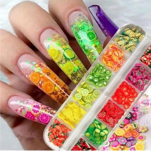 AKOAK 2 Boxes of Crystal Mash Clay Strip Flowers Fruit Slices Apples, Strawberries, Watermelons Nail Crafts Making, Decorations Scrapbook DIY Crafts