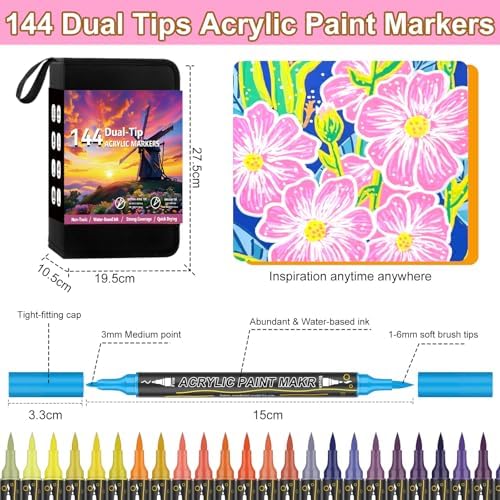 144 Colors Dual Tip Acrylic Paint Markers - Fine & Brush Paint Pens, Water-Resistant, Non-Toxic, Opaque Acrylic Markers Set for Rock Painting, Wood, Glass, Ceramic, Canvas & Fabric - 10 Extra Nibs