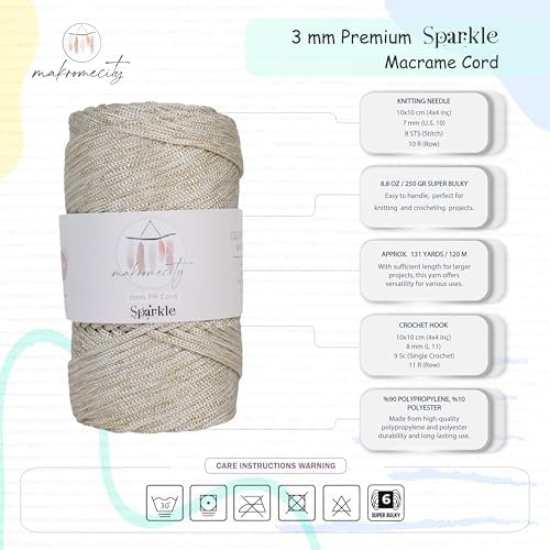 Makromecity Sparkle 2 Skeins of Polypropylene Macrame Cord 3mm x 131 Yards (394 feet) Premium Polyester Macrame Cord for Macrame Art & Crafts for Wall Hangings, Bags, Underplate, Rug