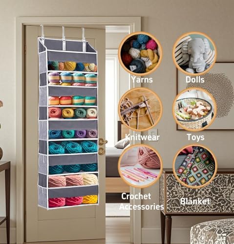 Hanging Yarn Storage Organizer with 5 Yarn Balls Pockets & 10 Mesh Pockets