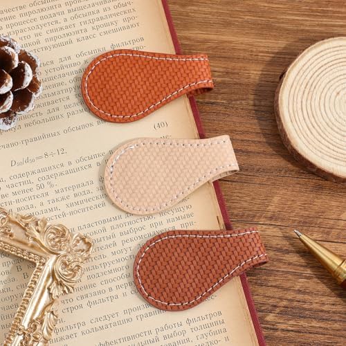 3PCS Vintage Magnetic Leather Bookmark, Leather Magnetic Bookmarks for Women, Magnetic PU Bookmarks Clip Book Accessories, Weave Pattern