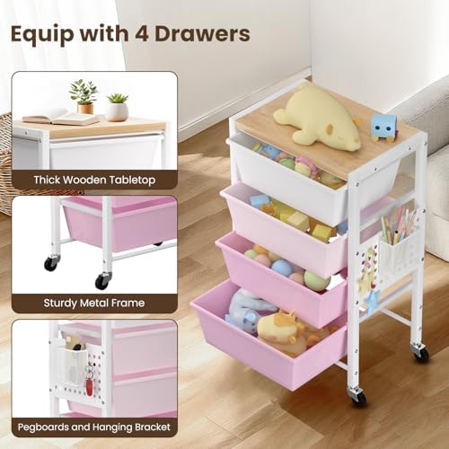 Rolling Cart with 4 Drawers, Plastic Drawer Storage Carts with Wheels & Wooden Tabletop, Metal Utility Cart with Pegboards, Office Living Room Classroom Craft Organization and Storage, Bright Pink