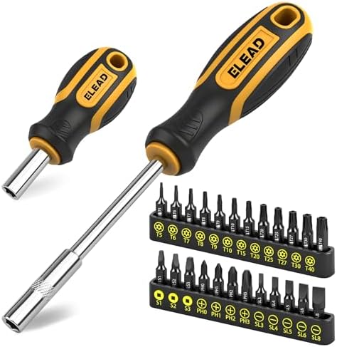26-Piece Magnetic Security Torx Screwdriver Bit Set - 1/4 inch Magnetic Bit Driver, T5-T40, Ergonomic Cushion Grip 95mm & 210mm Handles, Torx, Square, Phillips, Slotted Bits