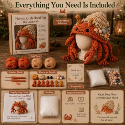 Ocean Series Hood Hat DIY Crochet Kit, Create Your Own Ocean Inspired Character Hood, Handmade Art Crafts for Beginners Adults, Fun Creative Gift for Crochet Lovers，Hermit Crab (Sea Otter)