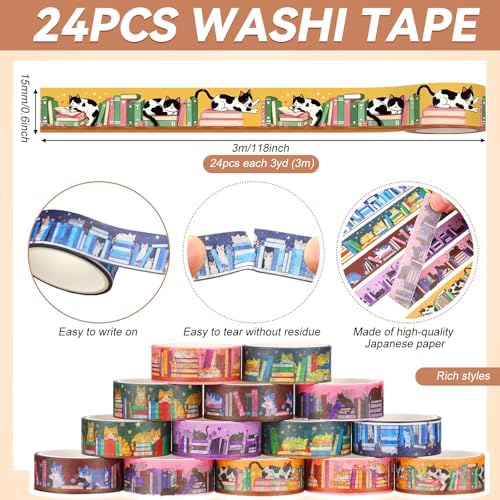 24 Rolls Book Washi Tape Back to School Crafting Gifts, Cat