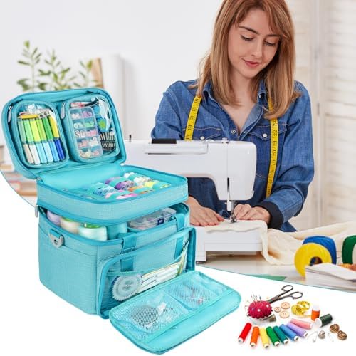Double Layer Sewing Organizer Bag with Shoulder Strap, Blue
