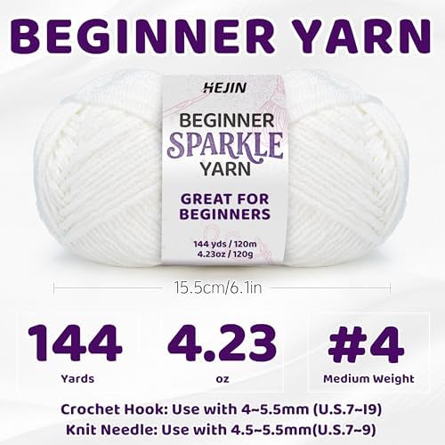 HEJIN 120g Shimmer White Yarn for Crocheting and Knitting | 120m(144yds) for Beginners with Easy-to-See Stitches; Worsted-Weight Medium #4; Yarn for Beginners Crochet Kit Making