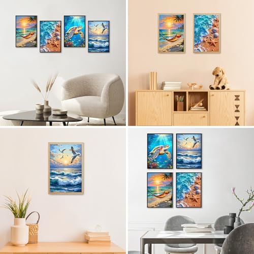 GEEHEIY 4 Pack Framed Paint by Numbers Kit for Adults, Beach, 8 x 12 Inch | DIY Acrylic Painting by Numbers for Beginners, with Wooden Easel, Coastal Wall Decor, Stress Relief Craft Gift