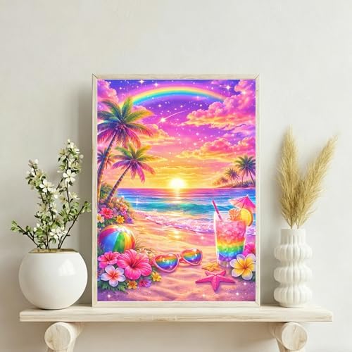 ckdiluy Beach Diamond Art Kits for Adults Beginners, 5D DIY Tropical Beach Diamond Painting Kits, Full Round Drill Diamonds Dots Gem Art Crystal, Home Wall Decor 12X16 Inch