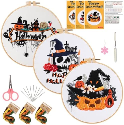 FEIYUENO 3 Pack Halloween Pumpkin Embroidery Kit for Beginner Adults