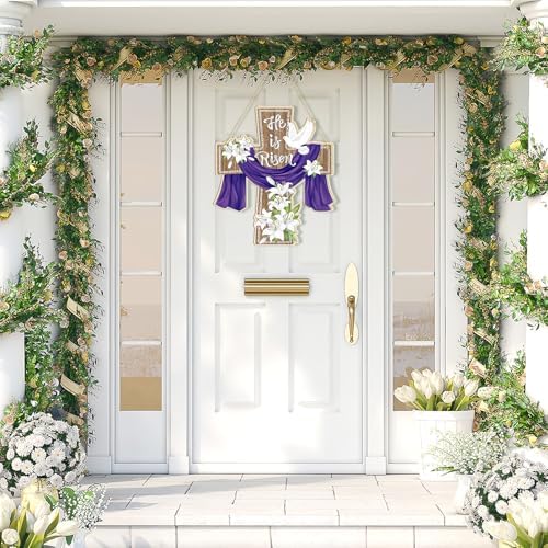 Large Size 12" Wooden Easter Ornaments to Paint,Wooden DIY Blank Unfinished Christian Religious Ornament Happy Easter Jesus He is Risen Door Sign Lily Cross Hanging Plaque Crafts Hanging Decorations