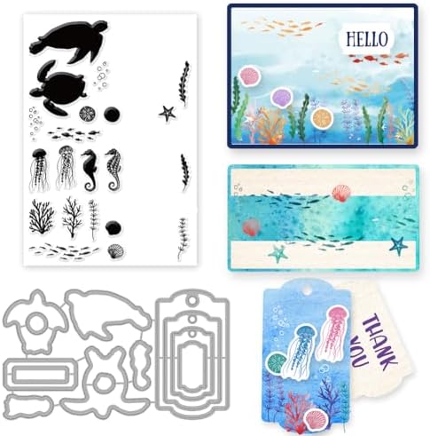 INFUNLY Sea Cutting Die and Stamp Set Sea Animal Clear Stamps and Dies for Card Making Sea Turtle Rubber Stamp Hippocampus Seaweed Jellyfish Rubber Stamps for Crafting Paper DIY Scrapbooking Decor