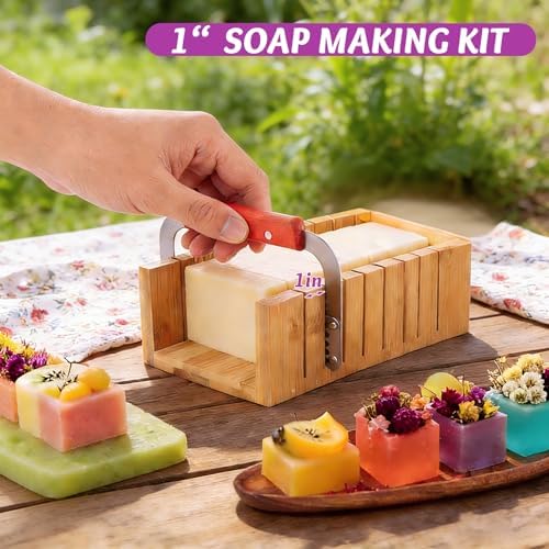 5 PCS DIY Soap Making Kit, Silicone Soap Molds Soap Making Supplies for Adults, Bamboo Cutting Box and 2 PCS 44oz Purple Pink Silicone Mold, Stainless Steel Straight Cutter and Wavy Cutter