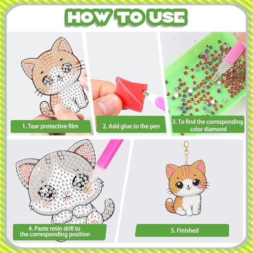 Masendp 8 Pieces Diamond Painting Keychain Animal Diamond Art Jewelry Double-Sided 5D Diamond Painting Kit for Beginners Adult DIY Art Craft Gift Home Decor (Cat)