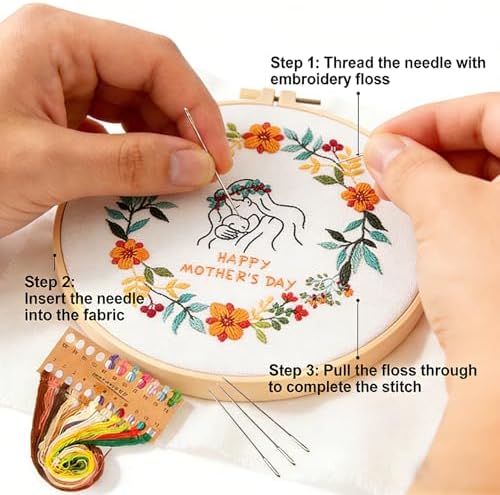 BoAn DIY Floral Embroidery Kit for Adults, Handmade Craft with Hoop