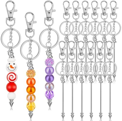 ROADPLUM 12 Pcs Beadable Keychain Bar, Silver Bead Keychain Beaded Item for Pendant DIY, Alloy Blank Key Chain Accessories Bulk for Beadable Gift Jewelry Making Supplies