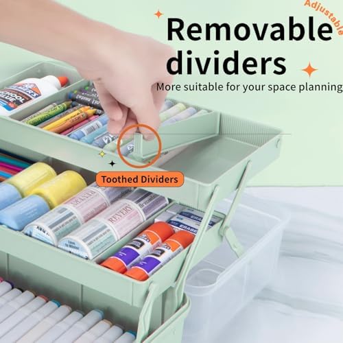 TERGOO 14in 3-Layer Multipurpose Craft Organizers and Storage with Adjustable Dividers, Portable Tackle Box, Folding Art & Craft Case for Medicine, Tool, Sewing Organizer (Haze Green, X-Large)