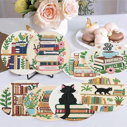 8 Pack Bookshelf Diamond Art Coasters,Diamond Painting Coasters Kits