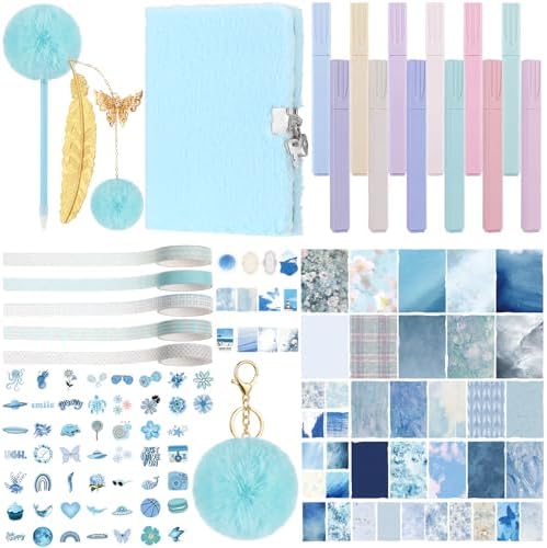 Janlaugh DIY Journal Diary with Lock Pack Scrapbook Kit, Blue, Plush | Stationery Diary Supplies, Scrapbook Supplies Art Crafts Kit for Birthday Holidays Ideal Gifts, Feather Bookmark Stickers