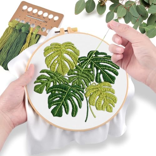 ERKOON Embroidery Kit for Beginners Adult, Cross Stitch Set Include Embroidery Cloth Hoop Threads for Craft Lover Hand Stitch with Embroidery Skill Techniques (Leaf)